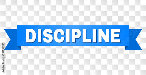 DISCIPLINE text on a ribbon. Designed with white caption and blue stripe. Vector banner with DISCIPLINE tag on a transparent background.