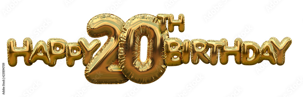 Happy 20th birthday gold foil balloon greeting background. 3D Rendering Happy 20th birthday gold foil balloon greeting background. 3D Rendering