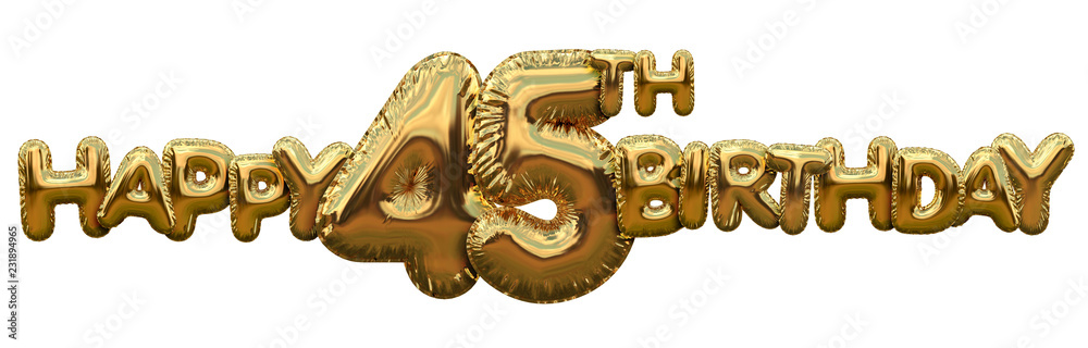 Obraz premium Happy 45th birthday gold foil balloon greeting background. 3D Rendering