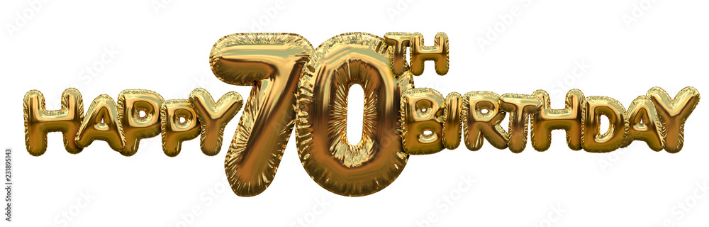 Happy 70th birthday gold foil balloon greeting background. 3D Rendering