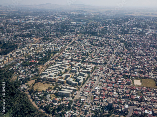 High aerial view of the sprawling city of Addis Ababa, Ethiopia.