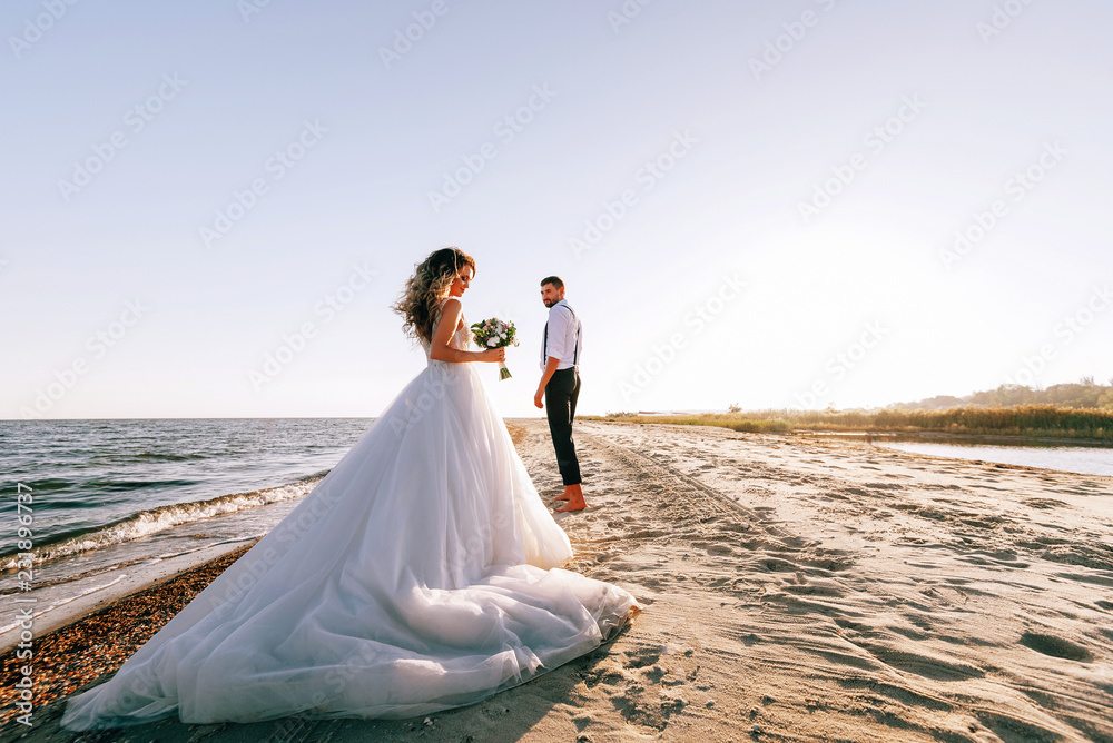 bride and groom on the seashore. wedding concept on the sea, on a fabulous island. bride and groom on the seashore. wedding concept on the sea, on a fabulous island.