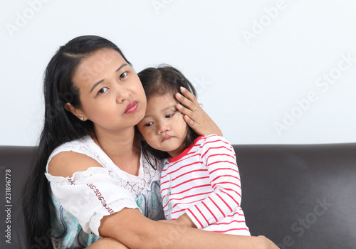 Portrait of Asian Mother and Asian kid, isolated on white background