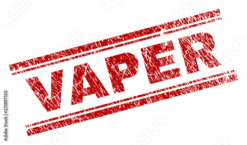 VAPER seal print with grunge texture. Red vector rubber print of VAPER title with scratched texture. Text title is placed between double parallel lines.