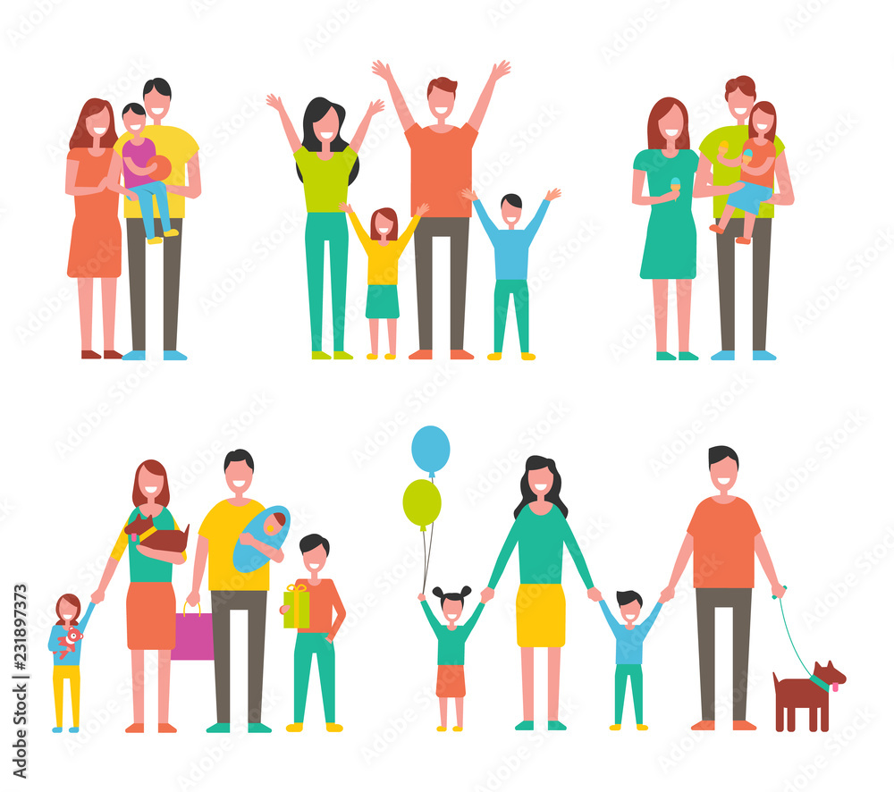 Happy Families Set, Vector Icon in Cartoon Style Happy Families Set, Vector Icon in Cartoon Style