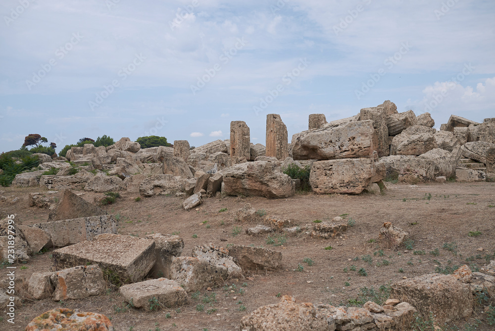 Selinunte, Italy - September 02, 2018: View of the riuns of the Tempe of Zeus (Temple G)
