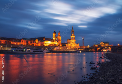Scenic evening view of Old Town architecture with Elbe river embankment in Dresden, Saxony, Germany