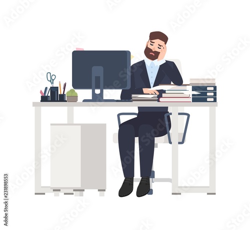 Male professional worker or clerk sitting at desk completely covered with documents
