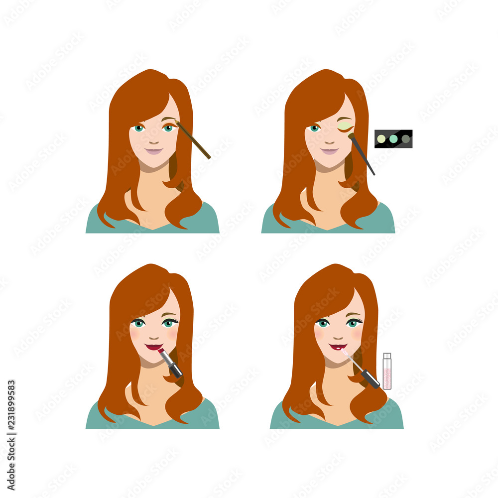 Cartoon Female Long Haircut Makeup Steps. Vector Cartoon Female Long Haircut Makeup Steps. Vector