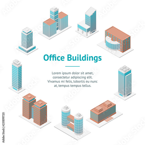 Different Types Office Building 3d Banner Card Circle Isometric View. Vector