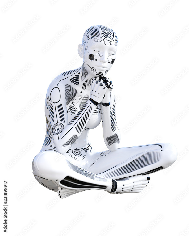 Dance robot woman. Metal droid. Artificial Intelligence. Conceptual fashion art. Realistic 3D render illustration. Studio, isolate, high key.