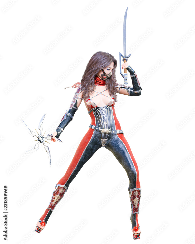 3D sexy japanese assassin woman in mask and sword. llustration. Conceptual fashion art. Seductive candid pose. isolated. 3D sexy japanese assassin woman in mask and sword. llustration. Conceptual fashion art. Seductive candid pose. isolated.