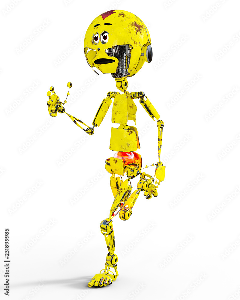 Old sad yellow metal mechanical robot llustration. Pointed and shabby toy droid. Conceptual 3d render art. isolated. Old sad yellow metal mechanical robot llustration. Pointed and shabby toy droid. Conceptual 3d render art. isolated.