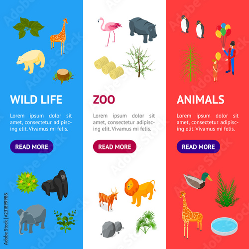 Public Zoo Banner Vecrtical Set Concept 3d Isometric View. Vector