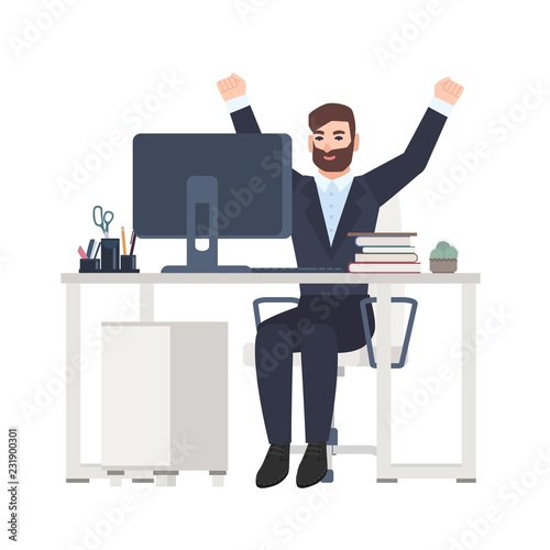 Male office worker or clerk sitting at desk and rejoicing. Happy joyful manager celebrating success at workplace isolated on white background. Colorful vector illustration in flat cartoon style.