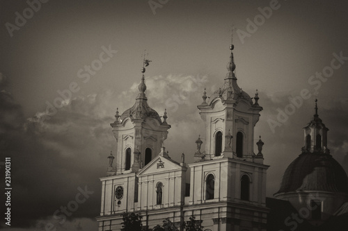 The church is against the backdrop of a stormy sky. Black and white version.