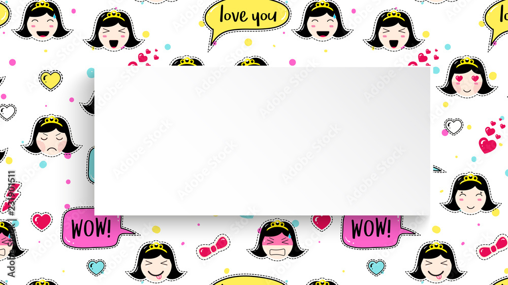 Girl banner with anime emoji pattern. Cute stickers with emoticon and 3d paper. Childish girl banner with kawaii asian faces. Template for fashion and make up sales, ads, special offers and flyers.