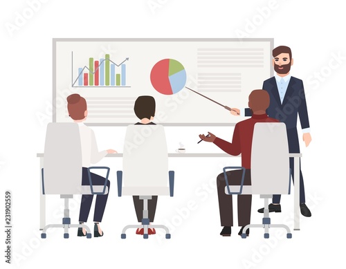 Office workers at whiteboard meeting. Bearded man making presentation in front of audience. Cute cartoon characters isolated on white background. Colored vector illustration in modern flat style.