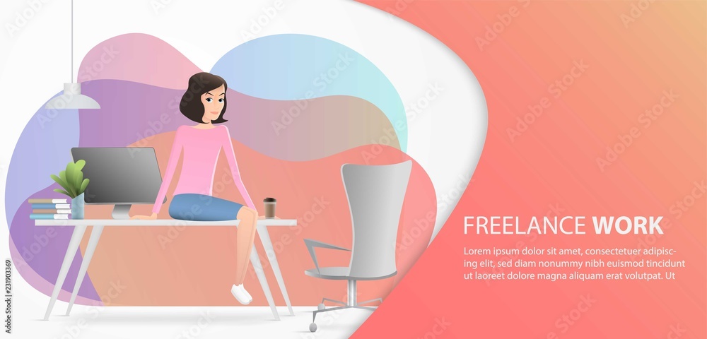 A girl sitting on the office table having a break. Vector flat illustration. Landing page template, cartoon style A girl sitting on the office table having a break. Vector flat illustration. Landing page template, cartoon style