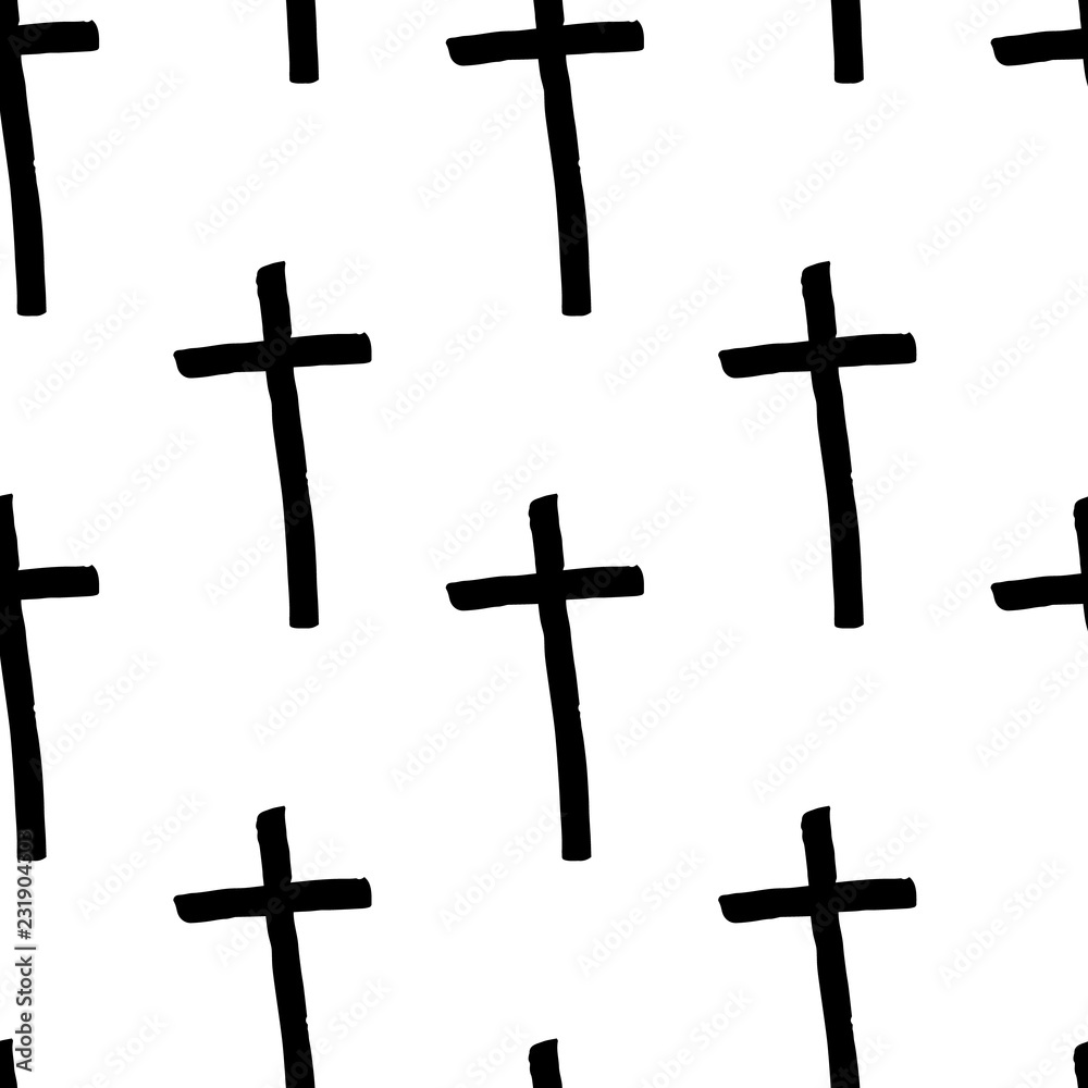Trendy background with crosses. Crosses are drawn in ink by hand. Seamless vector pattern.