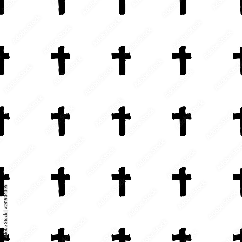 Trendy background with crosses. Crosses are drawn in ink by hand. Seamless pattern.