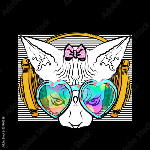 Nice illustration with an Egyptian cat in headphones. Funny illustration on the theme of humanized animals.