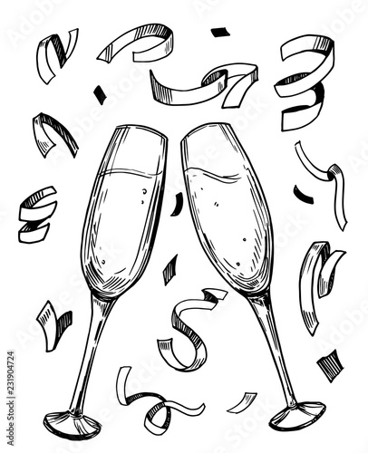 Sketch of two champagne glasses with confetti. Hand drawn vector