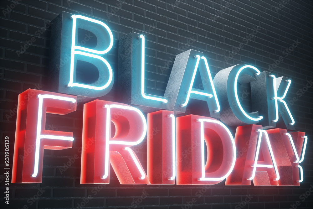 Obraz premium Black Friday - Friday with a big sale. Sales, joy, success. Blue and Red Glow Neon banner, discounts. 3D illustration