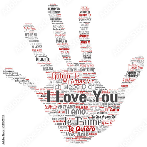 Vector conceptual sweet romantic I love you multilingual message hand print stamp word cloud isolated background. Collage of valentine day, romance affection,  happy emotion or passion lovely concept