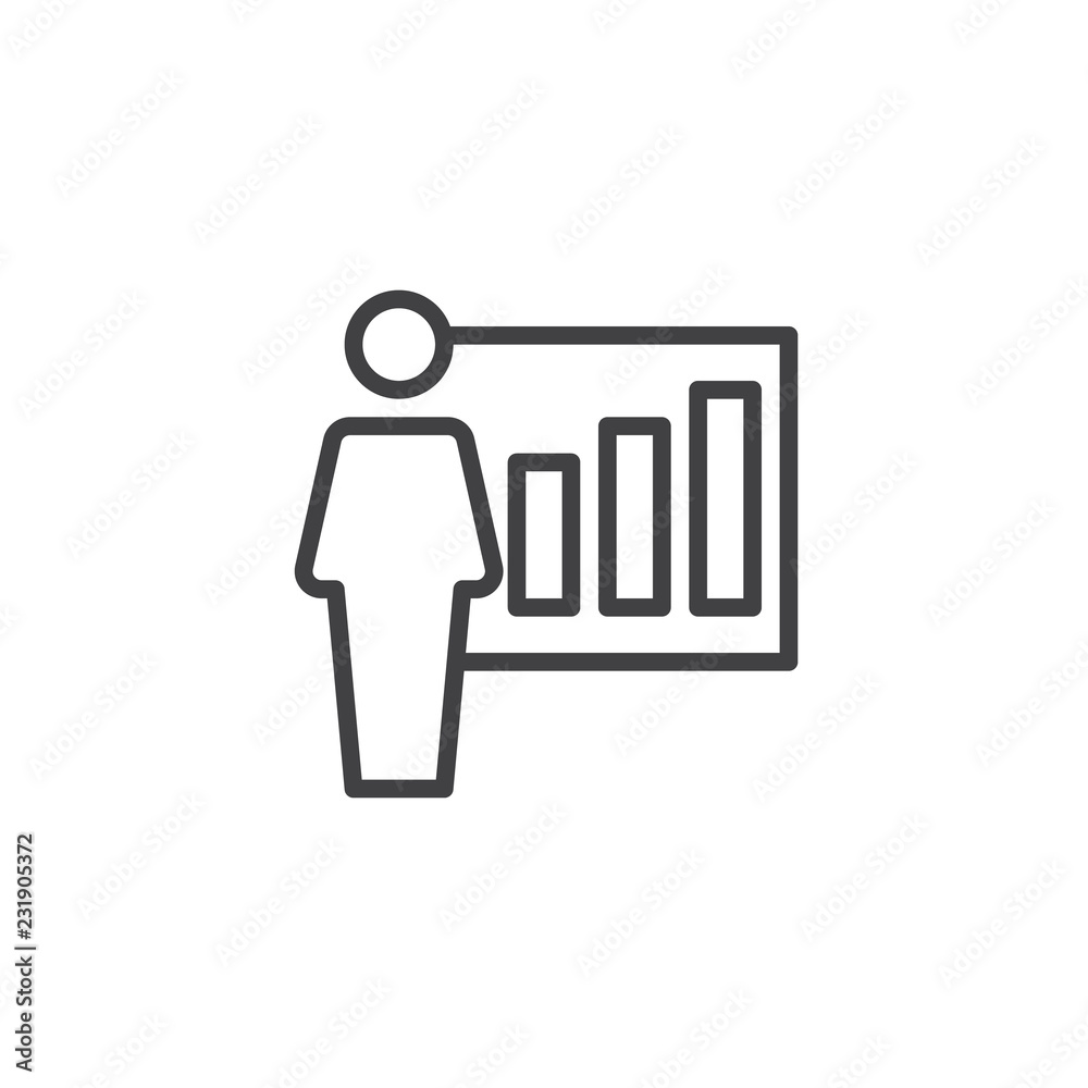 Man and graph outline icon. linear style sign for mobile concept and web design. Business presentation simple line vector icon. Symbol, logo illustration. Pixel perfect vector graphics Man and graph outline icon. linear style sign for mobile concept and web design. Business presentation simple line vector icon. Symbol, logo illustration. Pixel perfect vector graphics