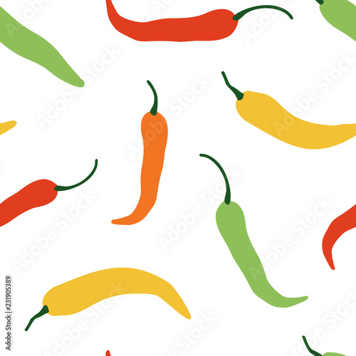 Vector chili, jalapeno, cayenne hot pepper background. Mexican exotic spicy seamless pattern. Hand drawing food illustration, wrap, fabric, textile