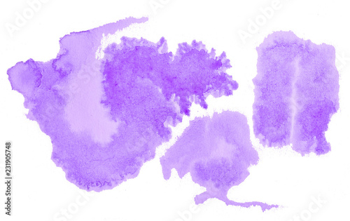 Lilac pastel watercolor hand-drawn isolated wash stain on white background for text  design. Abstract texture made by brush for wallpaper  label.