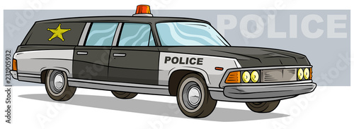 Cartoon black police retro car with golden badge