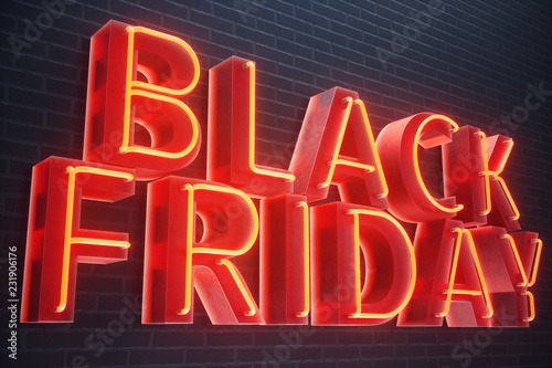 Black Friday - Friday with a big sale. Sales, joy, success Neon Red banner, discounts, 3D illustration