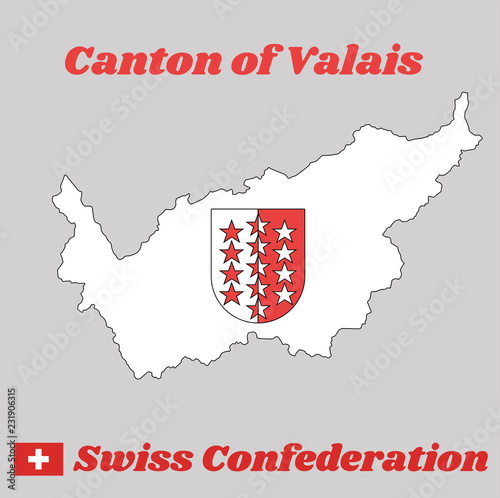 Map outline and Coat of arms of Wallis, The canton of Switzerland with name text Canton of Valais and Swiss Confederation.