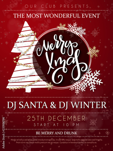Vector illustration of christmas party poster with hand lettering label - merry Xmas - with fir-tree, realistic beads, sparkles, and snowflakes