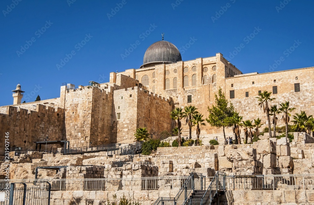 JERUSALEM, ISRAEL. October 30, 2018. The Al Aqsa Mosque, a Muslim shrine, as seen from the south, and archaeological park below the walls of the Old city of Jerusalem. The Temple Mount stock image.