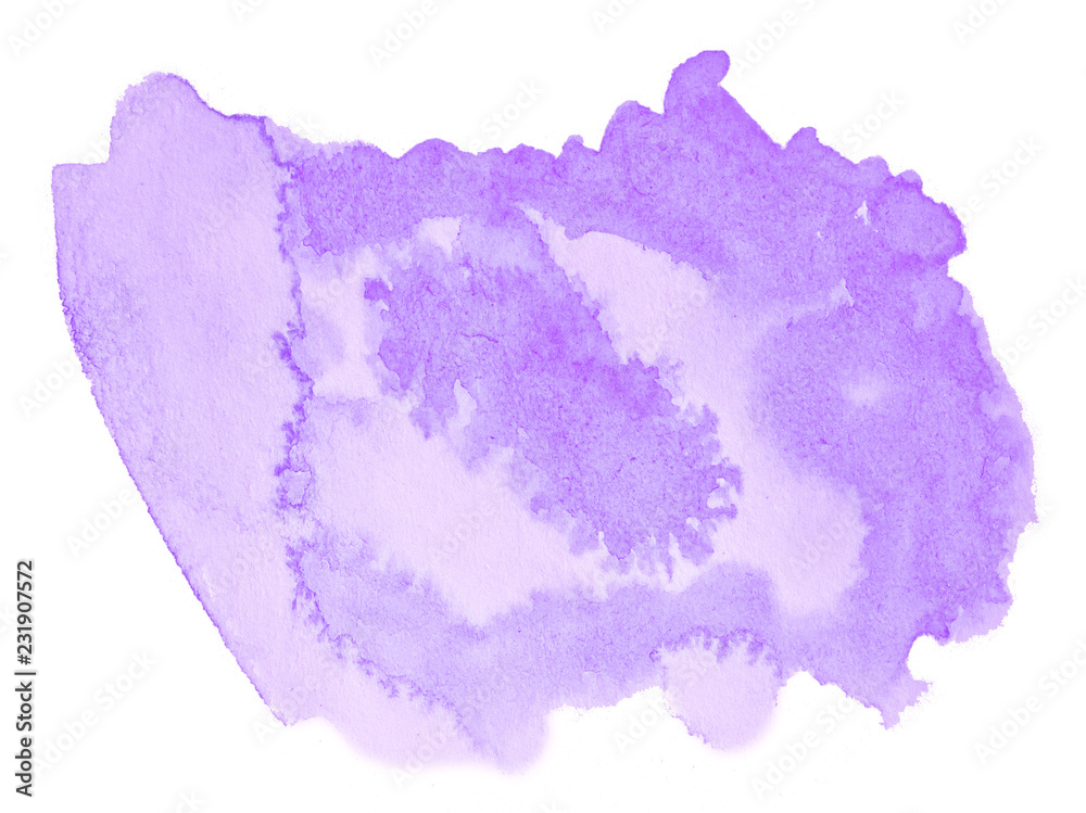 Lilac pastel watercolor hand-drawn isolated wash stain on white background for text, design. Abstract texture made by brush for wallpaper, label.