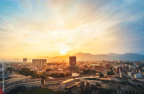 Aerial View of Ipoh Town during sunset.Soft Focus,Blur due to Long Exposure.Visible Noise due to High ISO.