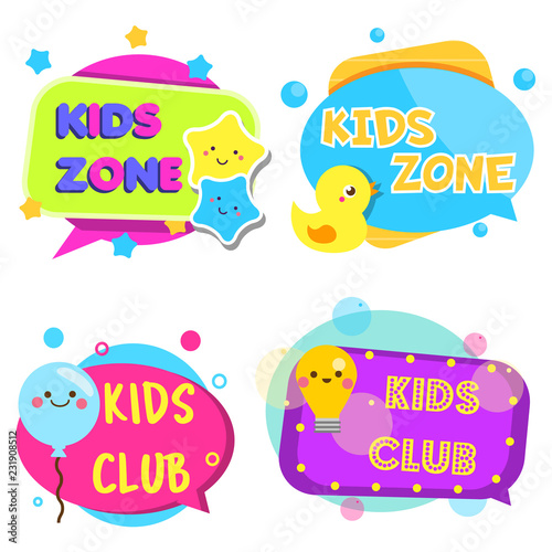 Kids zone banners. Colorful labels with children toys and symbols.