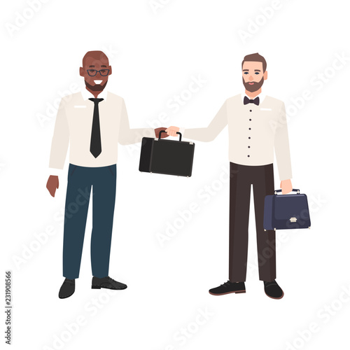 Smiling bearded man passing briefcase to his business partner isolated on white background