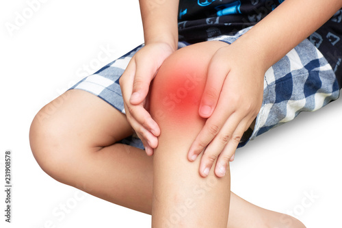 Bilde på lerret Asian kid with knee pain, isolated background