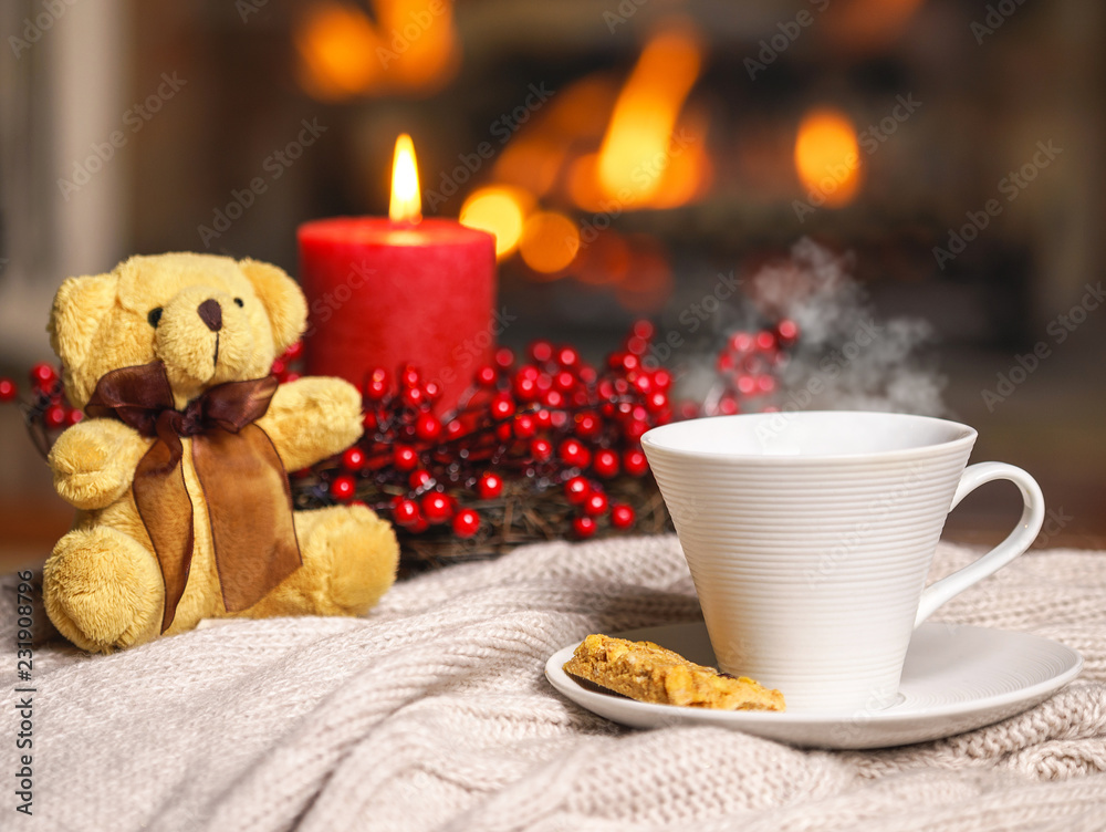 Cup Of Hot Drink With Steam Teddy Bear Candle In Red Christmas