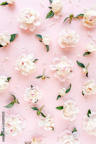 Fototapeta Naklejka Na Ścianę i Meble -  Pattern of pink and beige peony flowers on pink background. Peony texture. Flat lay, top view. 