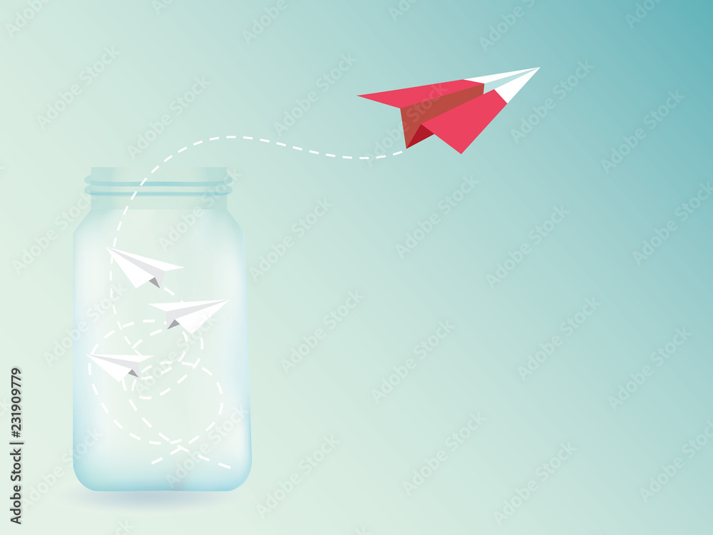 Paper plane are competition from the Glass bottles to destination up to the  sky go out form Comfort Zone success goal. idea, business startup concept,  leadership, creative, illustration vector. Stock Vector