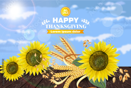 Sale poster with Sunflowers Vector realistic. 3d template Holiday offers sales