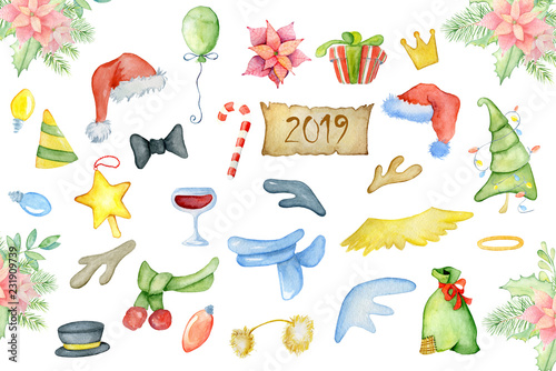 Merry Christmas watercolor decor elements. Happy New Year decorations Santa hat, horn, scarfs ect.