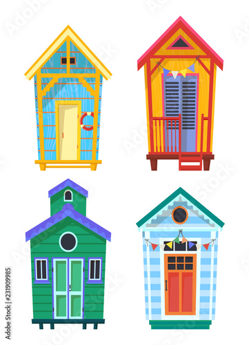 Lifeguard bungalows, hut or stations with lifebuoy