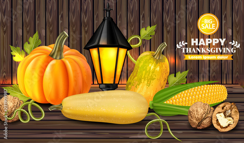 Autumn harvest on wooden background Vector. Fresh vegetables realistic 3d ill...