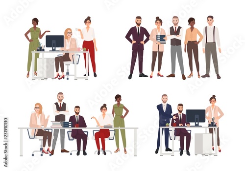 Collection of scenes with group of office workers or people working on computer, having business meeting or brainstorming, standing together. Colorful cartoon characters. Flat vector illustration.